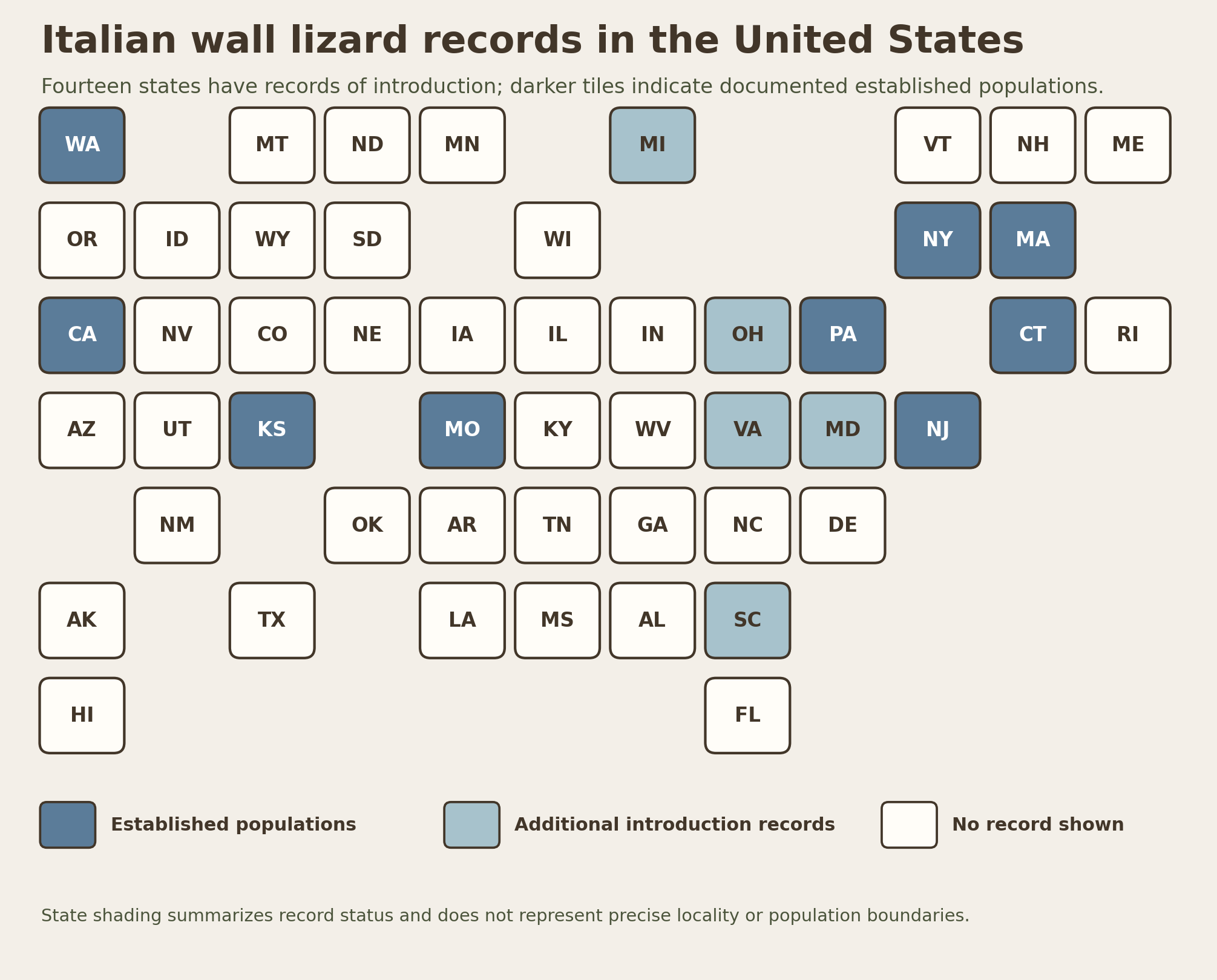 Tile map of the United States showing established Italian wall lizard populations in California, Connecticut, Kansas, Massachusetts, Missouri, New Jersey, New York, Pennsylvania, and Washington in dark blue; additional introduction records in Maryland, Michigan, Ohio, South Carolina, and Virginia in light blue.